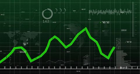 Futuristic green analytics dashboard displaying jagged trend line on gridded interface