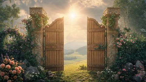 Ornate double gates open to breathtaking rolling hills