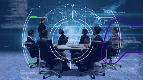 Business Team Analyzing Financial Data with Futuristic Interface