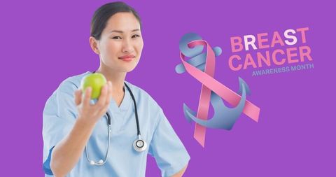 Confident Doctor Promoting Breast Cancer Awareness with Pink Ribbon