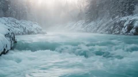 Surging Turquoise Rapids Flowing Through Snowy Forest Gorge in Misty Winter Morning
