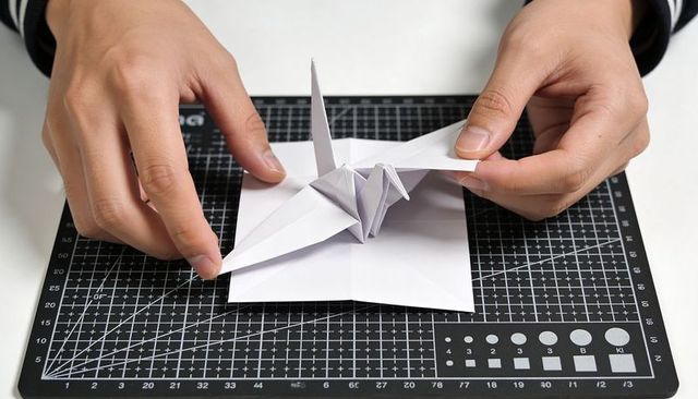 Hands Folding Origami Crane on Grid Cutting Mat, Precise Paper Craft Minimalist Workspace
