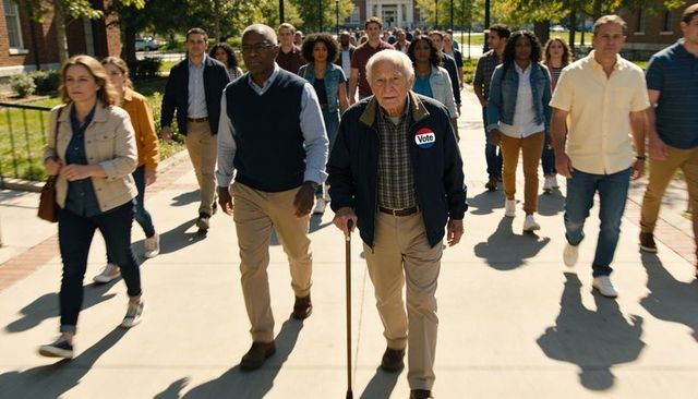 Senior voter leading diverse crowd on campus walk advocating civic participation