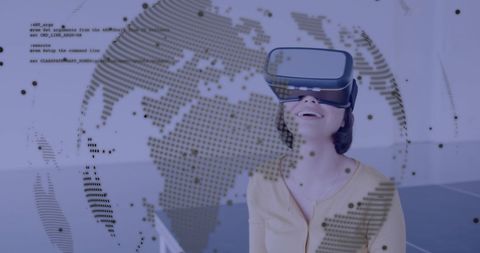 Businesswoman Immersed in Virtual Reality with Global Data Overlay