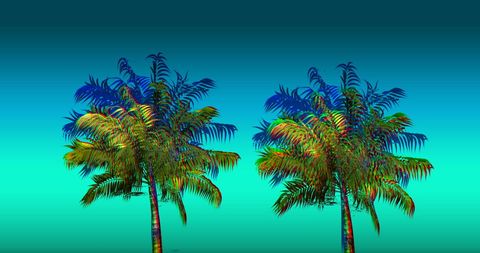 Colorful 3d palm trees against blue gradient sky