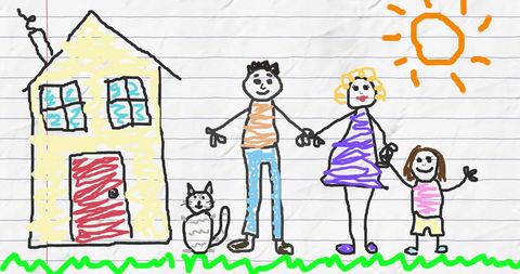 Child's Colorful Drawing of Happy Family: Parents, Child, Cat, House, and Sun