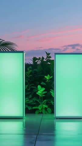 Vertical LED Light Boxes Cycling Pink and Green on Reflective Floor with Pastel Sunset