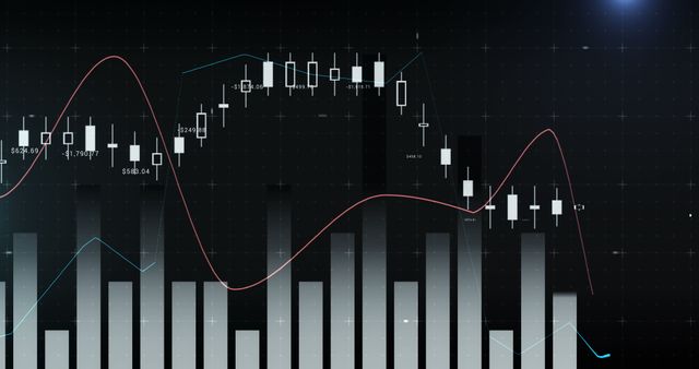 Digital illustration displaying a financial market graph with candlestick chart overlay and bar data visualization in the background. Suitable for use in financial articles, market analysis reports, business presentations, and investment strategy documents. Emphasizes stock exchange trends and economic data.