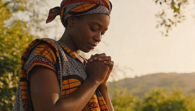 Sunlit african woman praying in colorful headwrap and patterned dress at golden hour