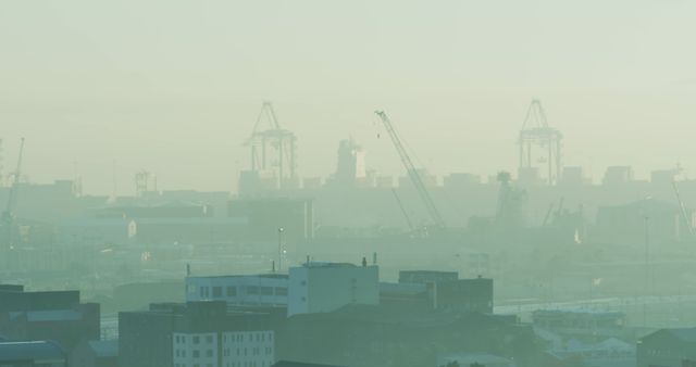 This image captures a foggy urban industrial landscape at dawn, with cranes and buildings partly obscured by mist. The hazy background provides a serene yet atmospheric feel, highlighting silhouettes of various structures against a pale sky. Ideal for illustrating urban development, industrial themes, atmospheric conditions, or environmental impact related content. Suitable for web design, environmental reports, city planning materials, or atmospheric landscape projects.