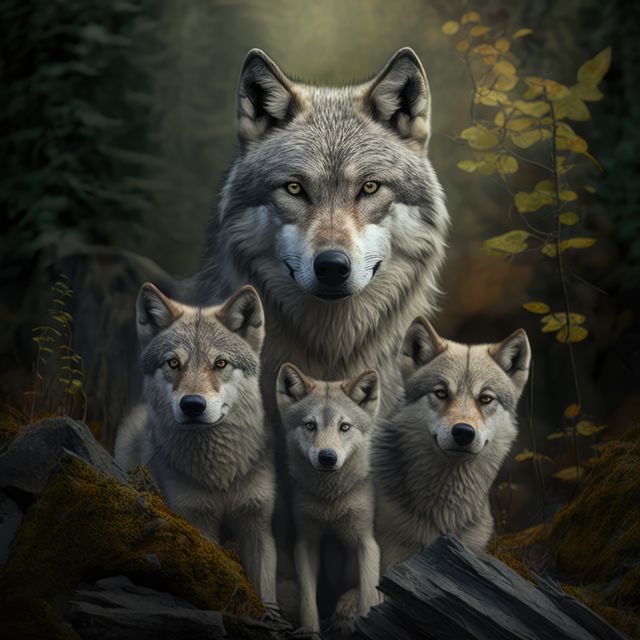 Portrait of close up of wolf with three young pups, created using generative ai technology. Wildlife, wild animal and nature concept digitally generated image.