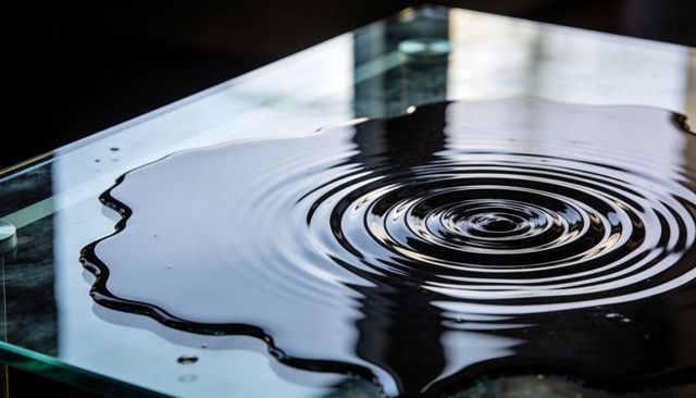 Concentric Water Ripples Spreading Across Glass Tabletop With Window Reflections