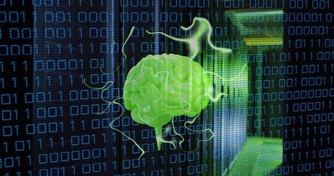 Floating Neon-Green Brain Visualizing Neural Network Over Binary Matrix and Server Racks