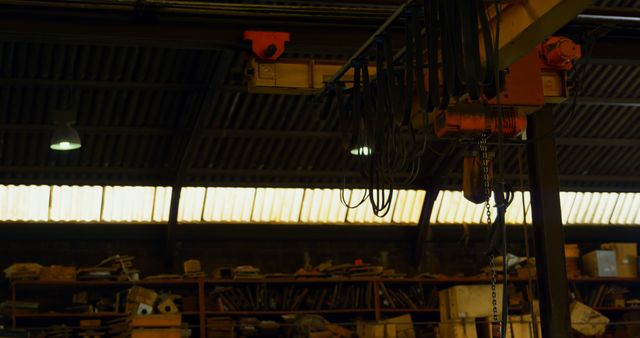 Industrial Warehouse Interior with Overhead Crane and Shelving - Download Free Stock Images Pikwizard.com