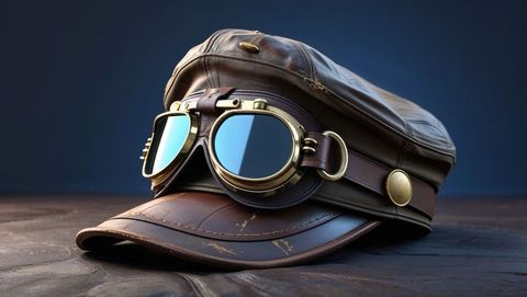 Vintage first world war leather aviator cap with brass goggles on wood table