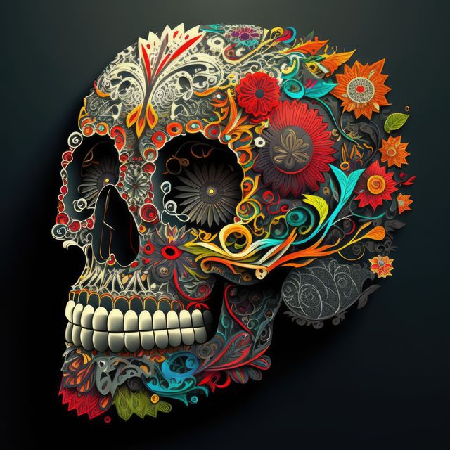 Colourful mexican decorative sugar skull on black background, using generative ai technology. Skull, mexico and traditional concept.