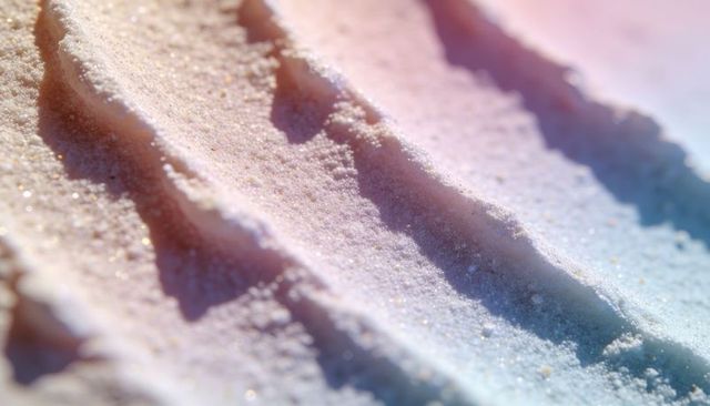 Pastel sparkling salt granules forming parallel ridges macro texture background soft bokeh