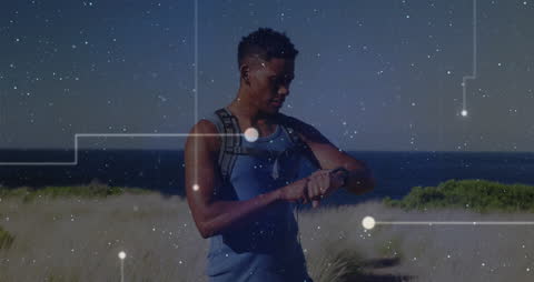 African American Man Using Smartwatch Amid Connections Animation