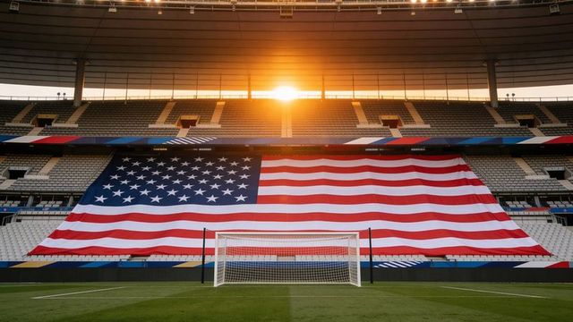 Giant american flag draped behind soccer goal at sunset in empty stadium stands, sunburst