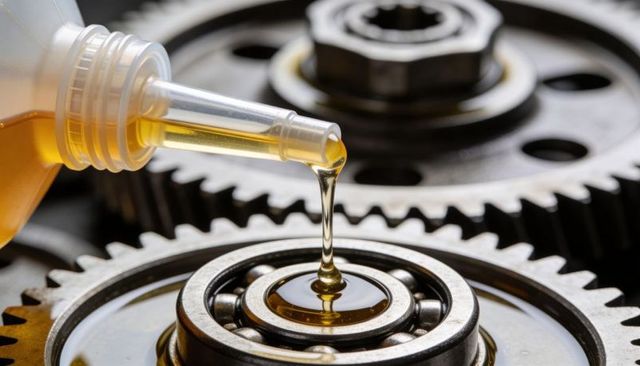 Dripping oil lubricating ball bearing with spur gears macro industrial maintenance