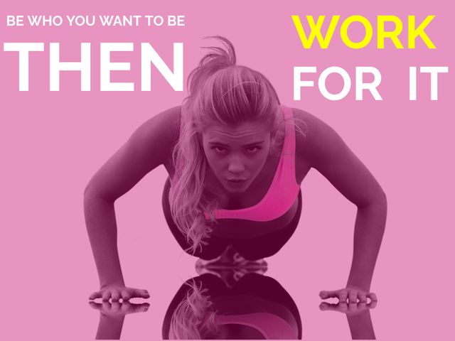 Poster of a woman performing push-ups coupled with a motivational quote on a pink background. Ideal for fitness centers and gyms to foster an encouraging atmosphere. Can also be used for social media posts, blogs, and websites related to health, fitness, and personal development, inspiring individuals to work towards their goals and stay committed to a healthy lifestyle.