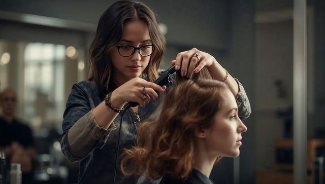 Hair stylist curling client's hair in modern salon with focused precision