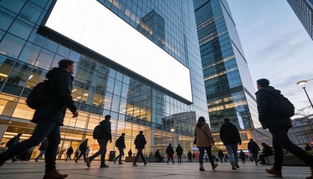 Evening commuters walking through glass skyscraper plaza under blank digital billboard