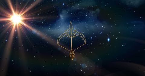 Sagittarius zodiac sign and shining sun in star-filled night sky