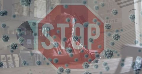 Thoughtful Woman in Kitchen Amid Pandemic Imagery