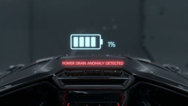 Futuristic cockpit display showing 1% low battery hologram and red warning on metallic console