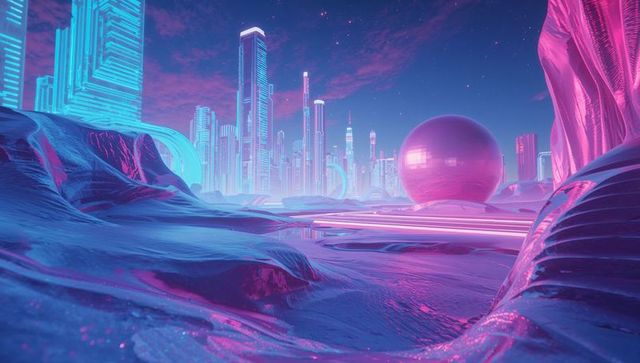 Futuristic neon city with reflective pink sphere in abstract landscape