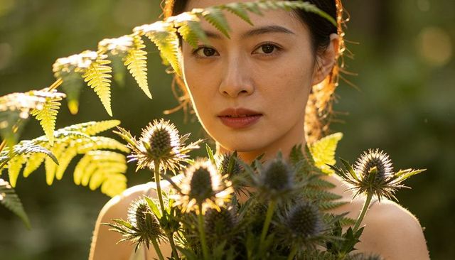 Sunlit asian woman holding thistle bouquet behind fern fronds, serene forest portrait