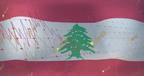 Waving Digital Lebanese Flag with Data and 5G Elements