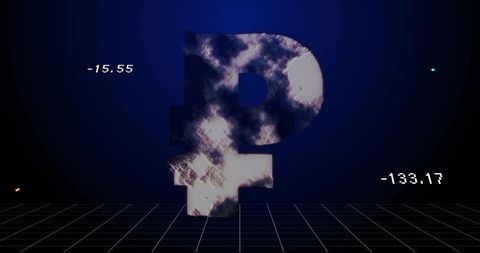 Neon ruble symbol hovering over synthwave wireframe grid with glowing decline indicators