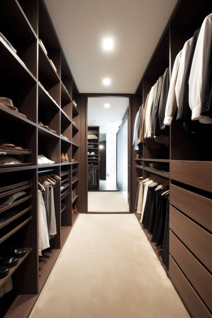 Modern walk-in closet with dark wood shelving features neatly organized designer clothing. Ideal for showcasing interior design of luxurious homes, highlighting home storage solutions, and focusing on contemporary fashion organization. Useful for articles on home organization, high-end interior designs, and luxury real estate promotions.