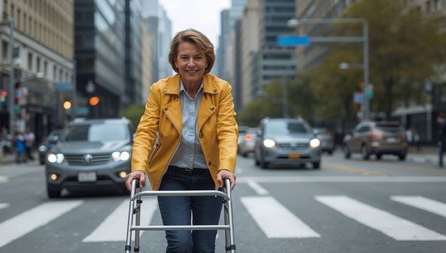 Senior woman with walker crossing city street safely