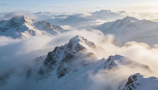 Glowing Alpine Ridge at Sunrise With Snow-Covered Peaks and Misty Clouds