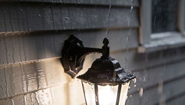 Rain-soaked outdoor lantern casting warm light on wet clapboard siding