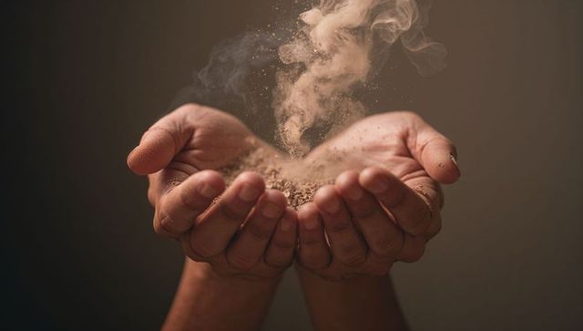 Releasing cupped hands scattering dry earth and dust with rising particles and smoke