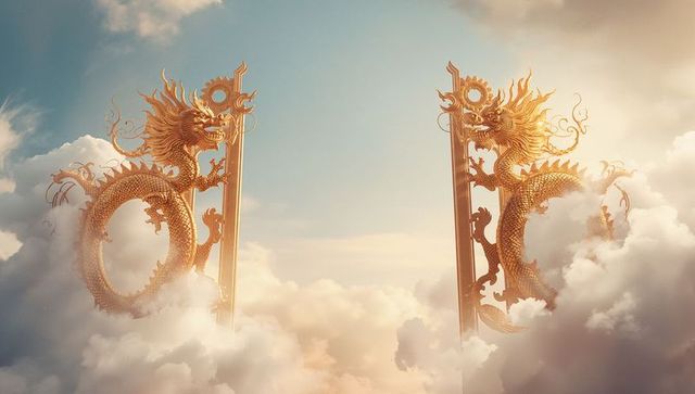 Majestic Golden Dragon Sculptures Rising Through Ethereal Clouds