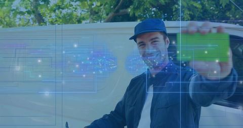 Courier with digital interface extending card near delivery van