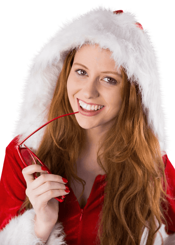 Festive Redhead Woman Smiling with Holiday Spirit in Transparent Background