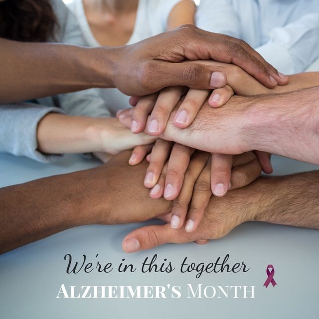 Collaboration and unity are showcased with diverse hands piling together representing support for Alzheimer's Month. Ideal for campaigns and events aiming to highlight awareness, stand against Alzheimer's disease, or promote involvement in healthcare initiatives focused on solidarity and community support.