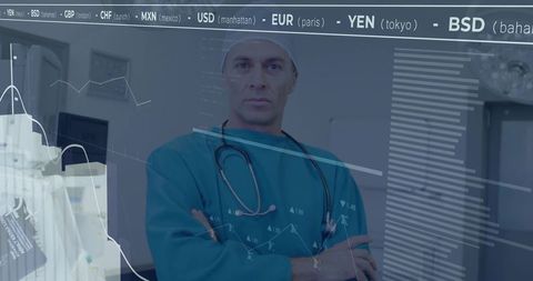 Professional Doctor Examining Medical Data with High-Tech Overlay