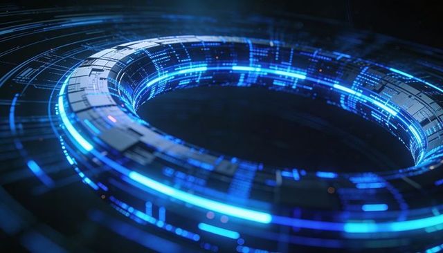 Glowing cybernetic torus ring rotating with blue data streams over dark virtual interface