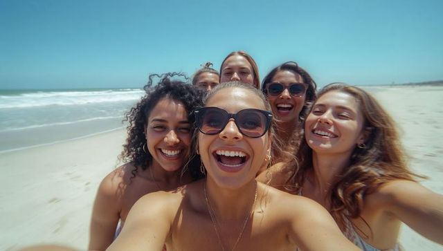 Cheerful Group Selfie of Friends on Sunny Beach Day