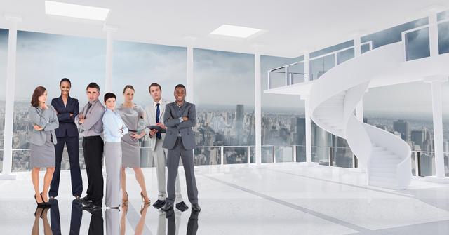 Diverse business team standing confidently in modern office with unique spiral staircase and city skyline view in background. Perfect for illustrating teamwork, corporate meetings, leadership, professional environments, business articles, websites, and promotional materials.