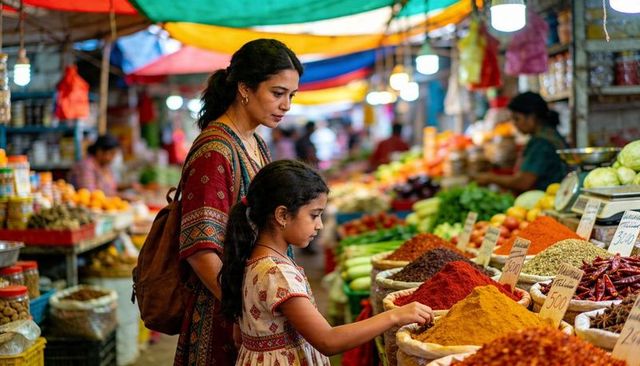 Mother and daughter shopping spices at colorful covered market, selecting turmeric