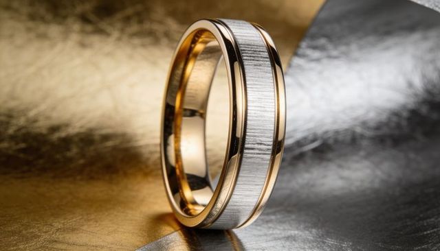 Gold and Silver Wedding Bands Leaning Together on Reflective Gold Silver Foil Backdrop