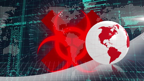 Digital Globe with Red Biohazard Symbol and Network Grid